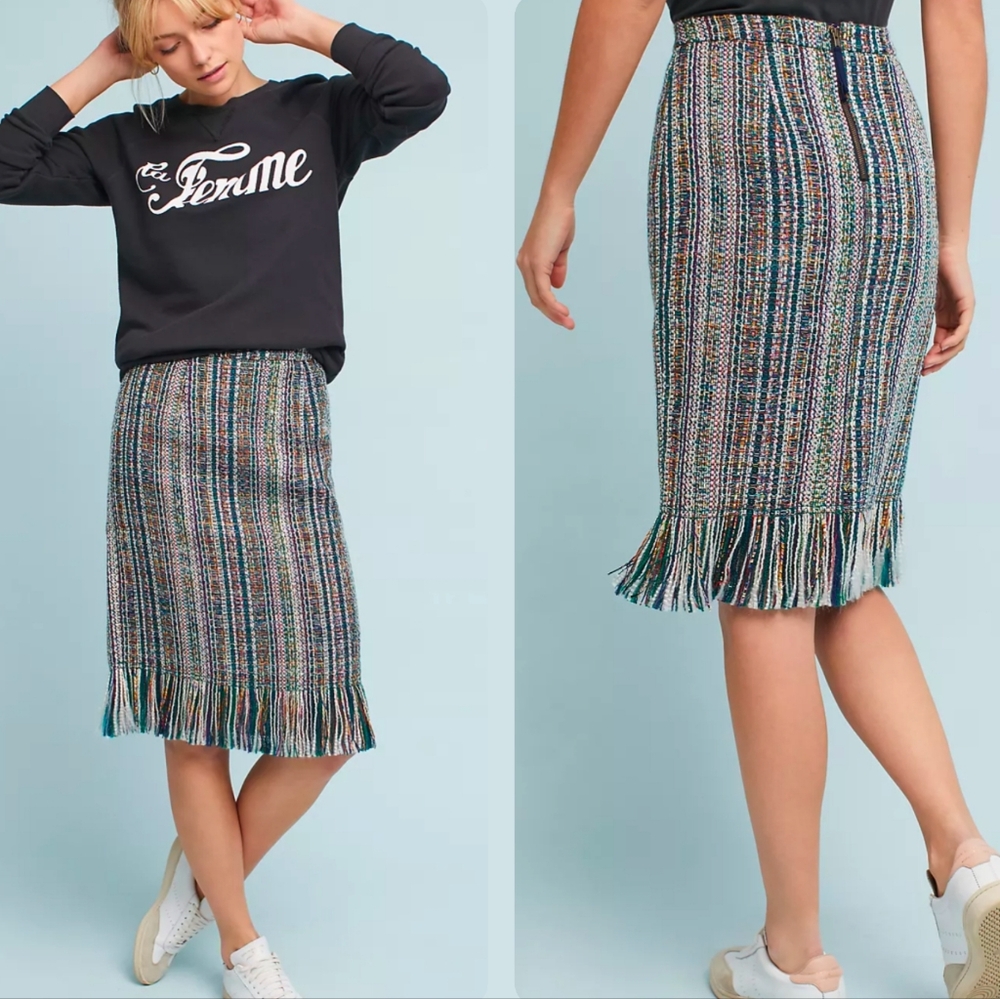 Anthropologie Maeve Fringed Tweed Pencil Skirt Eclectic Woven Multicolor Size 6